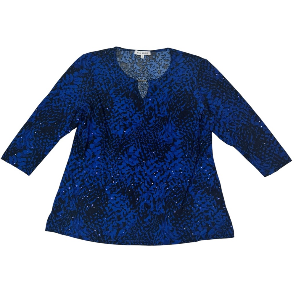 Emily Daniels Women’s Blue Black Print Top XL 3/4‎ Sleeve Sequin Accent